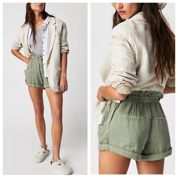 FREE PEOPLE OIL GREEN LINEN - COTTON BLEND SHORTS NWT